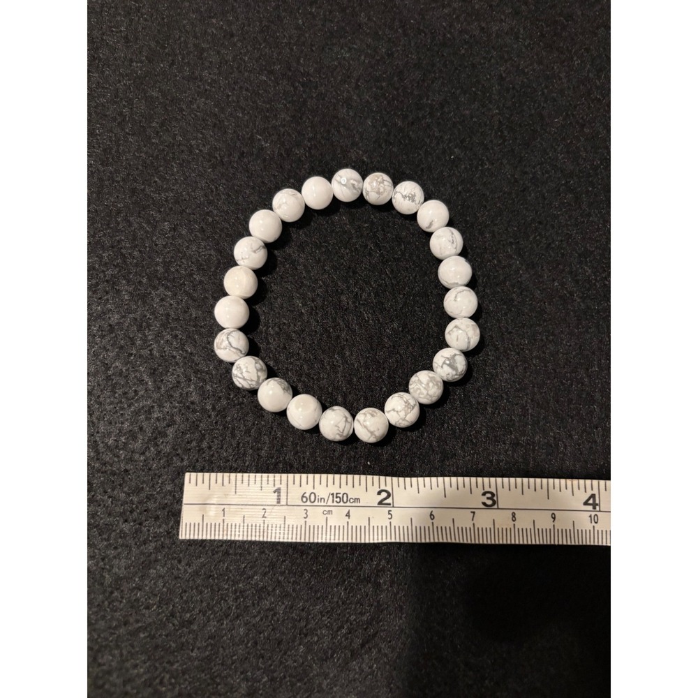 White Howlite Beaded Stretch Bracelet Natural Stone Grey Marble Vein Minimalist
